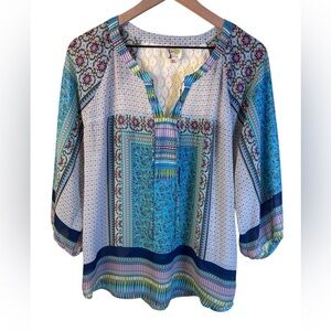 Anthropologie Fig and Flower Women’s Multicolor Bohemian Blue Patterned Top Med